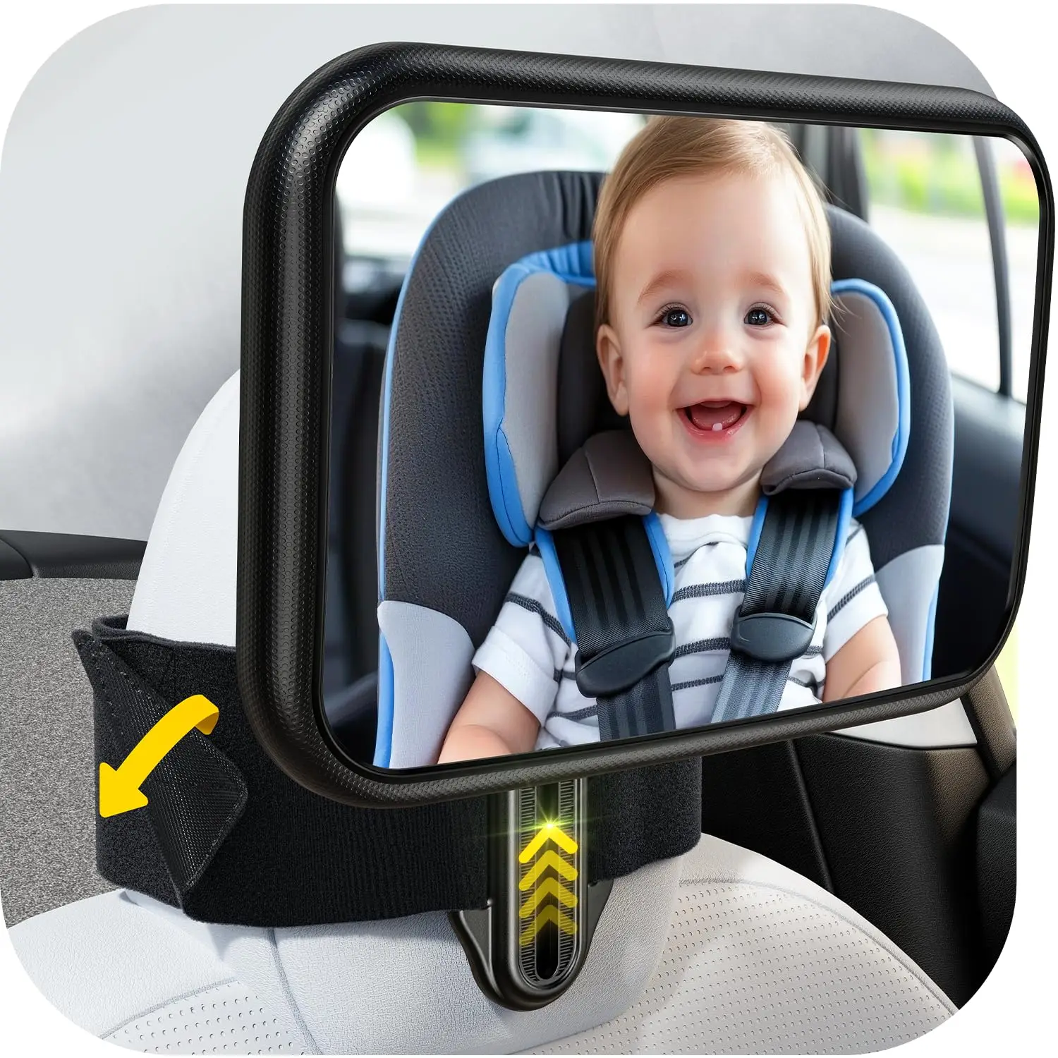 Baby rear view fixed headrest car rearview mirror for Tesla shatterproof 360° wide field of view,  shake stable Velcro strap