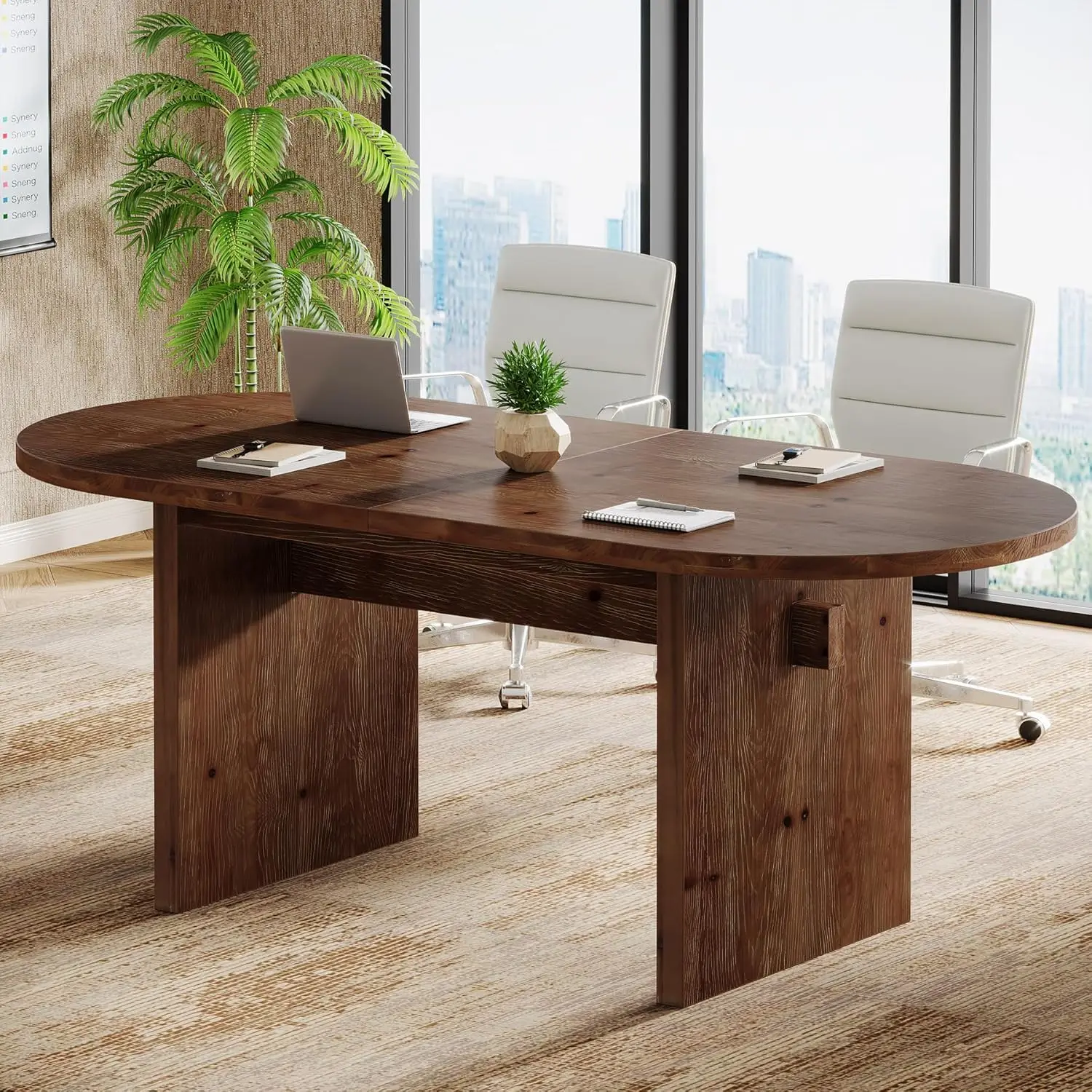 

5.24 ft Solid Wood Conference Table for 4-6 People, Oval Meeting Seminar Table with Wood Base for Conference Room,, Custom