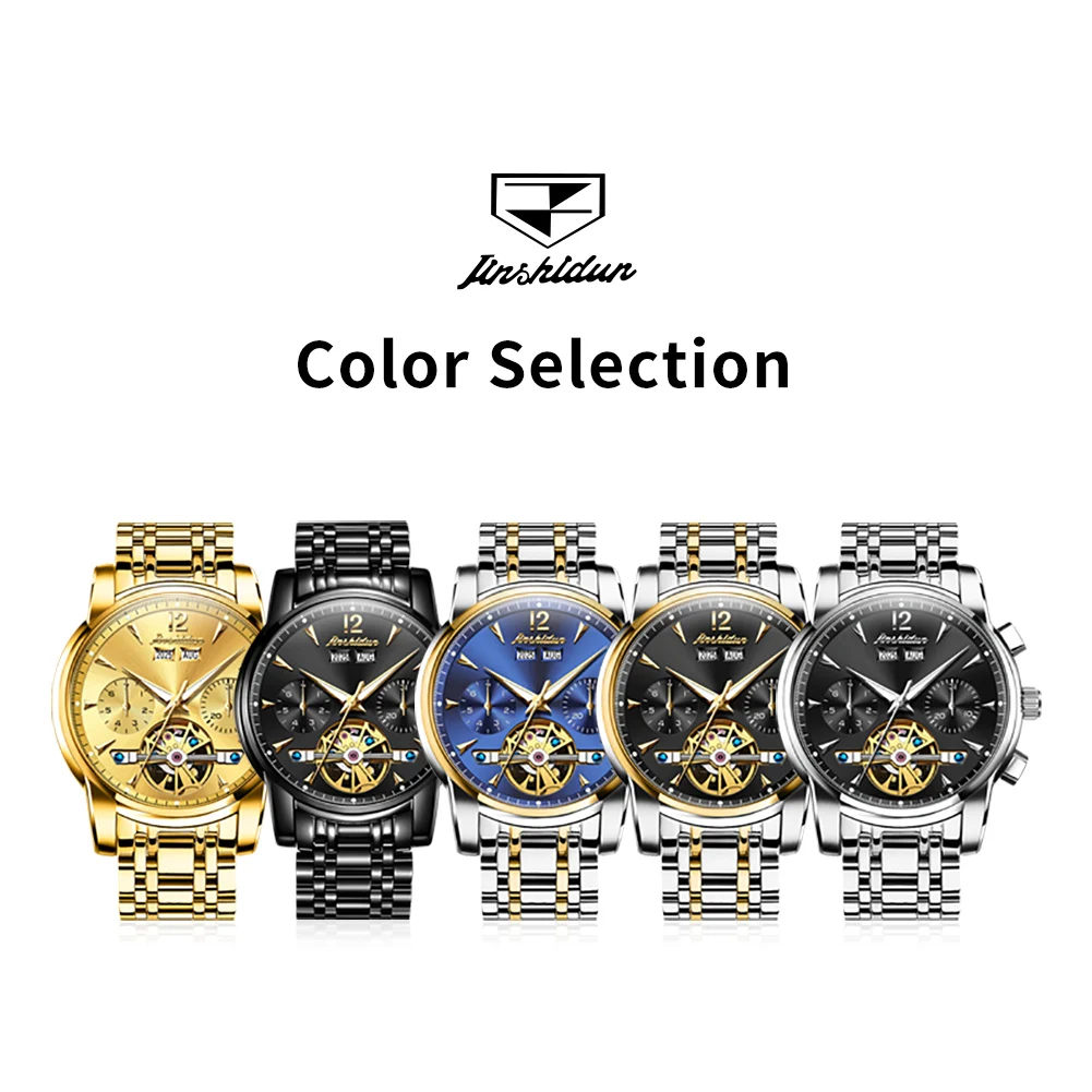 ساعة JSDUN 8738 للرجال أصلية فاخرة دولاب الموازنة ساعة ميكانيكية أوتوماتيكية من الفولاذ المقاوم للصدأ ساعات تقويم دائم للرجال