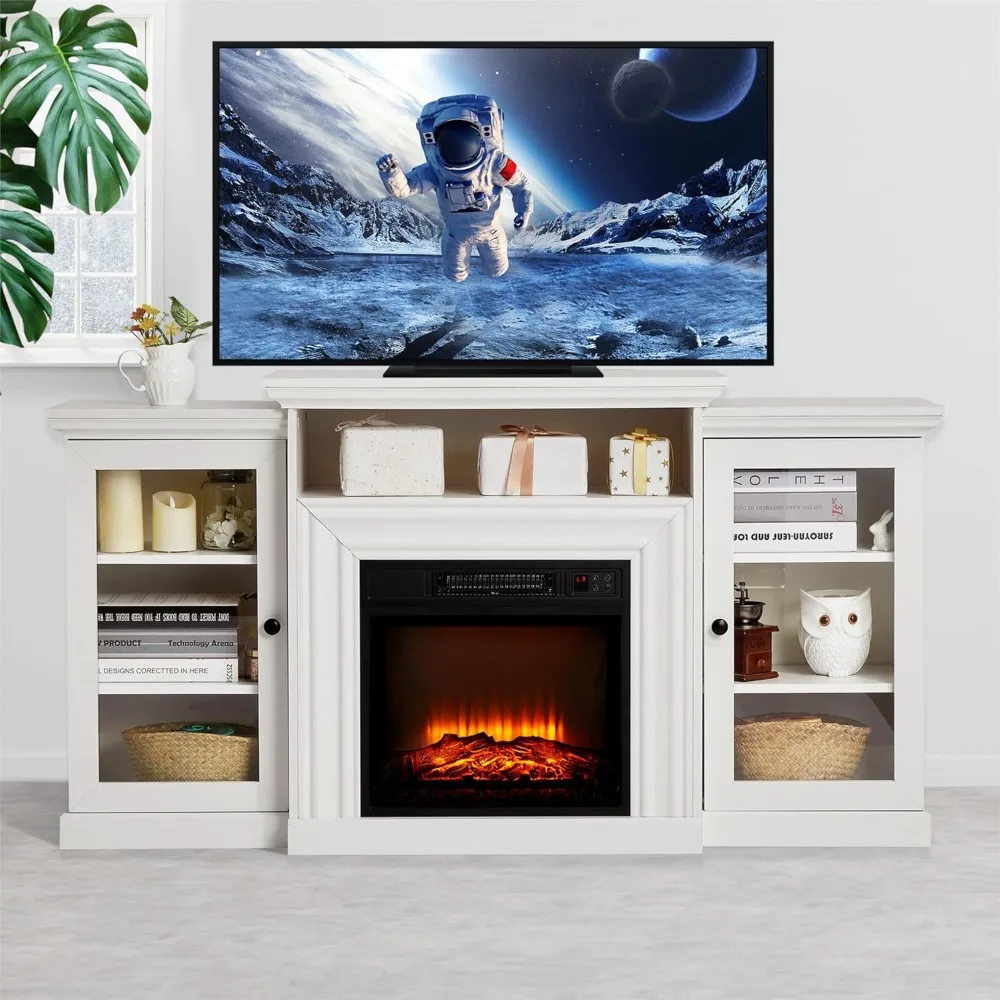 63인치 벽난로 TV 스탠드, 전기 벽난로(맨틀 포함), 사실적인 3D 화염 효과와 3단계 조절 가능한 조명이 있는 벽난로