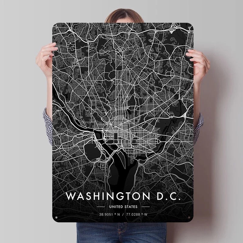 خريطة مدينة واشنطن ملصق معدني داكن علامات القصدير لتزيين غرفة النوم علامة معدنية مخصصة للألعاب لتزيين جدران الفن ديكور المنزل