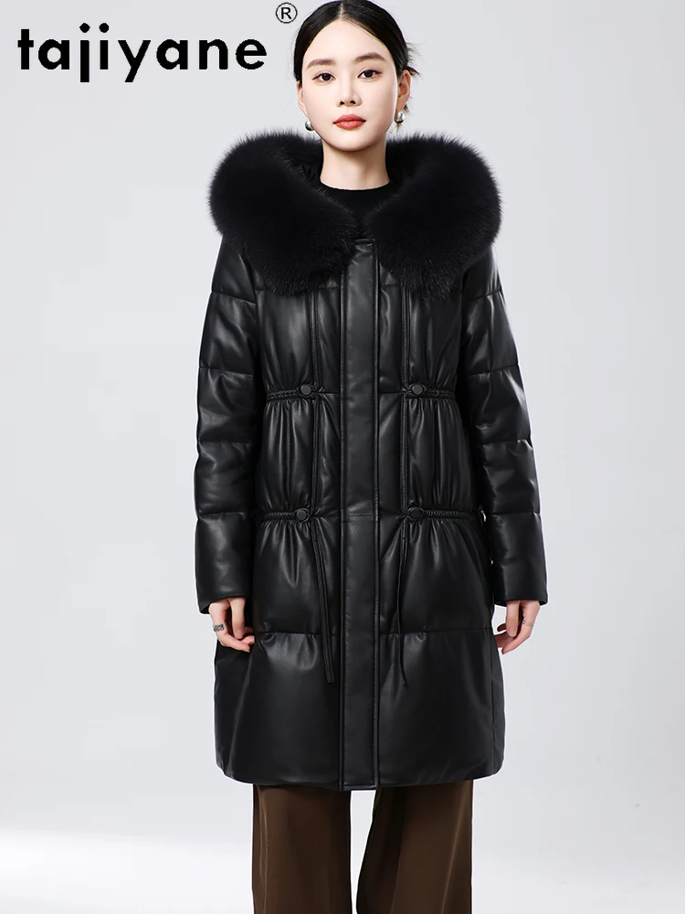 TAJIYANE 100% abrigo de piel de oveja para mujer, chaqueta elegante de cuero genuino negro, chaquetas acolchadas de longitud media, ropa de invierno para mujer 2025