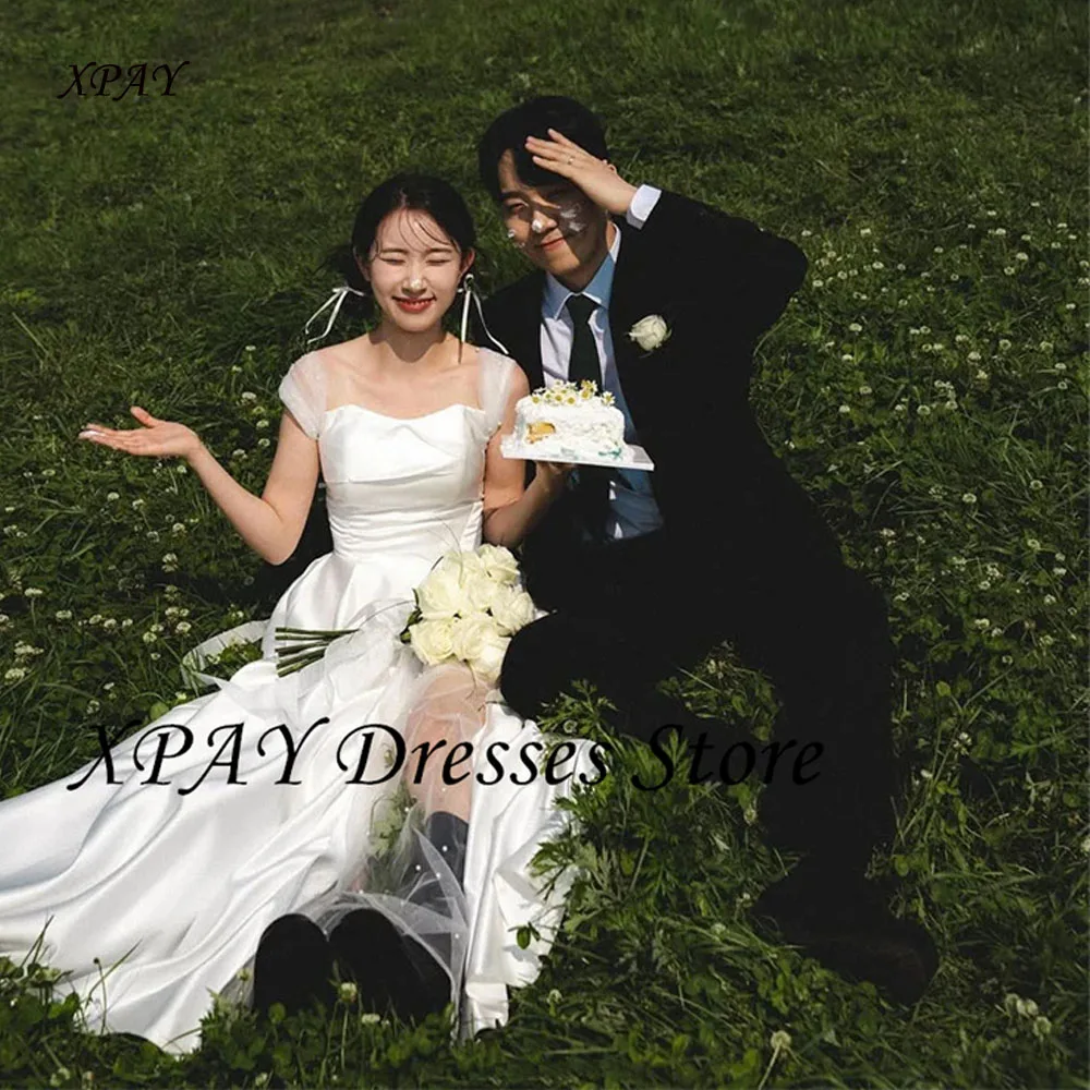 

XPAY Simple Korea Wedding Dresses Taffeta Pearls Tulle Customized Photos Shoot Dresses Sweetheart Bridal Reception Gown Corset