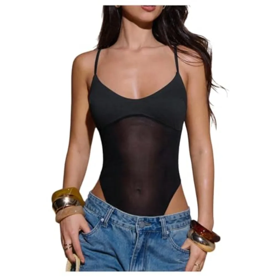 

Verdusa Women's Sheer Mesh Bodysuit Sleeveless Going Out Leotard Tops Date Night Outfit
