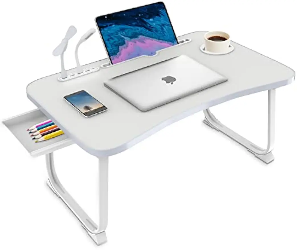 

Portable Foldable Laptop Bed Desk with USB Ports, Storage Drawer, Cup Holder for Working, Reading, and Eating
