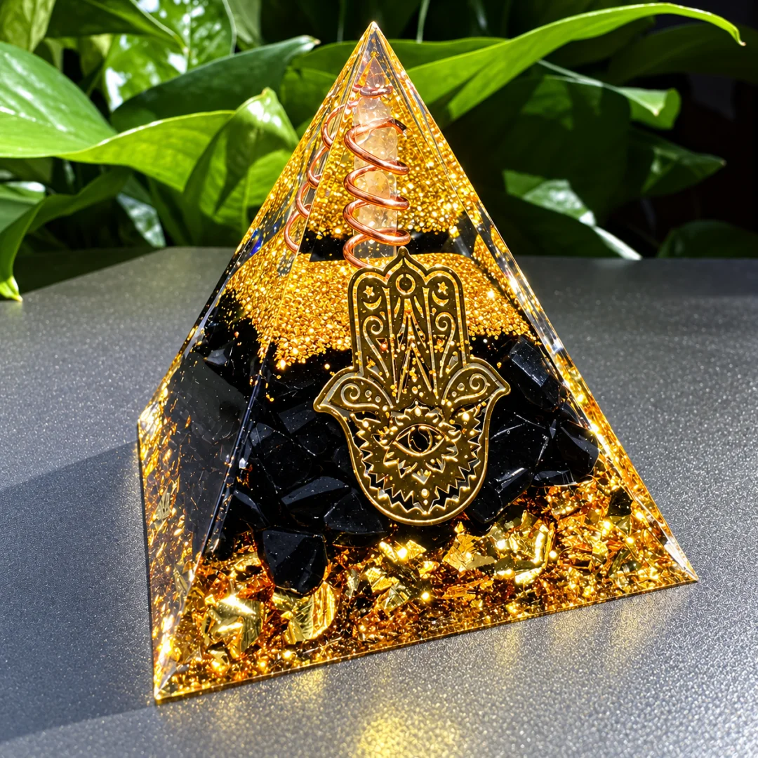 Orgonite Pyramid Hamsa Hand Evil Eye Symbol Natural Black Obsidian Chips Copper Coil Energy Generator for Meditation Home Decor