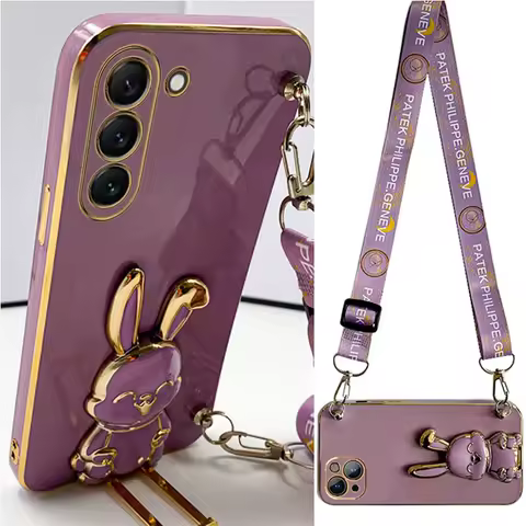 Rabbit Holder Lanyard Phone Case For Samsung Galaxy S21 S20 S22 S23 S10 S9 S8 Note 10 20 Plus Ultra Fe Stand Strap Cover