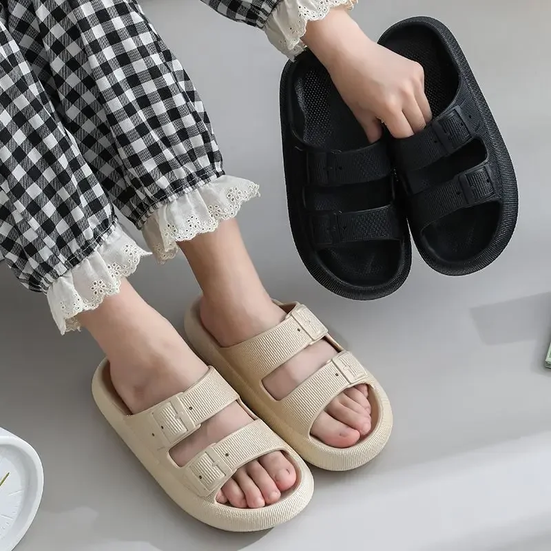 Sandals for Women and Men - Pillow Slippers - Double Buckle Adjustable Slides - PVC Flat Sandals Indoor Outdoor Wear