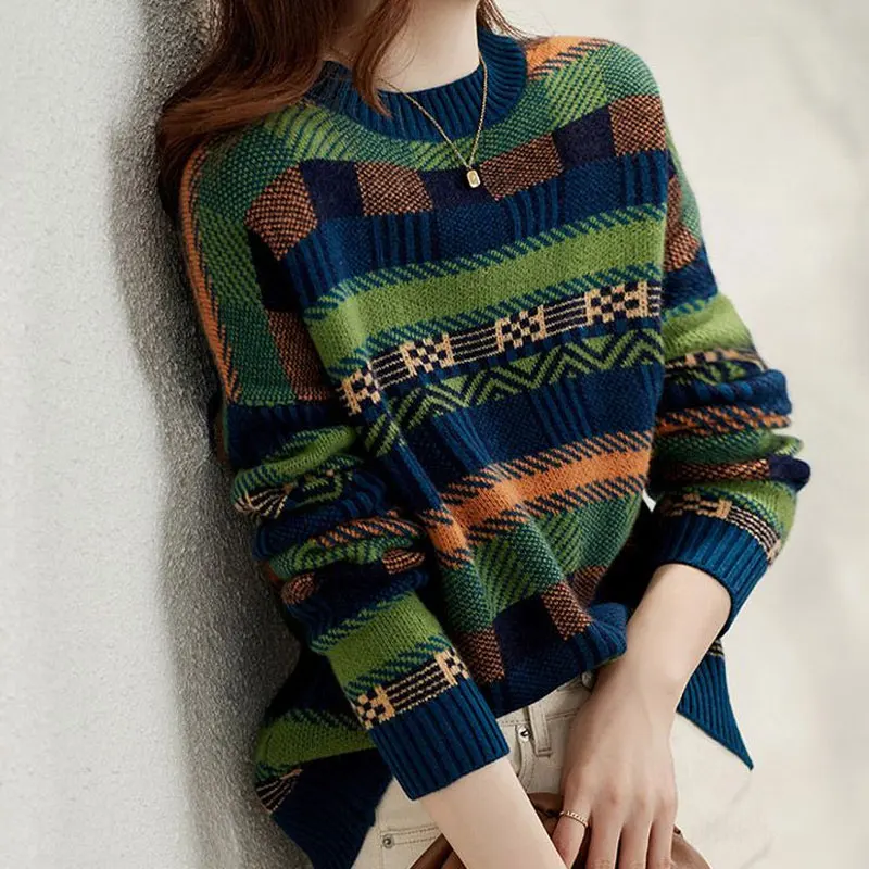 Women\'s Clothing Autumn Winter Vintage Striped Sweaters Fashion Contrasting Colors Korean Loose O-Neck Casual Knitted Jumpers