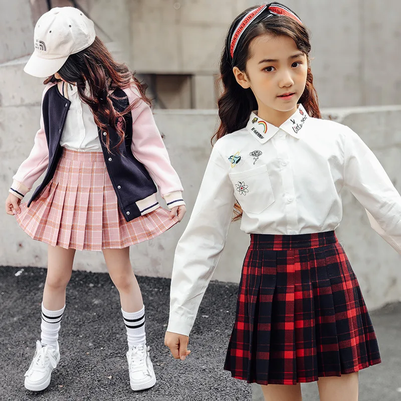 Vintage Pleated Skirt Girl Skirt for Summer Kids Plaid Cotton School Clothes Teens Girls Bottom Children Clothes Sukienka Kleid