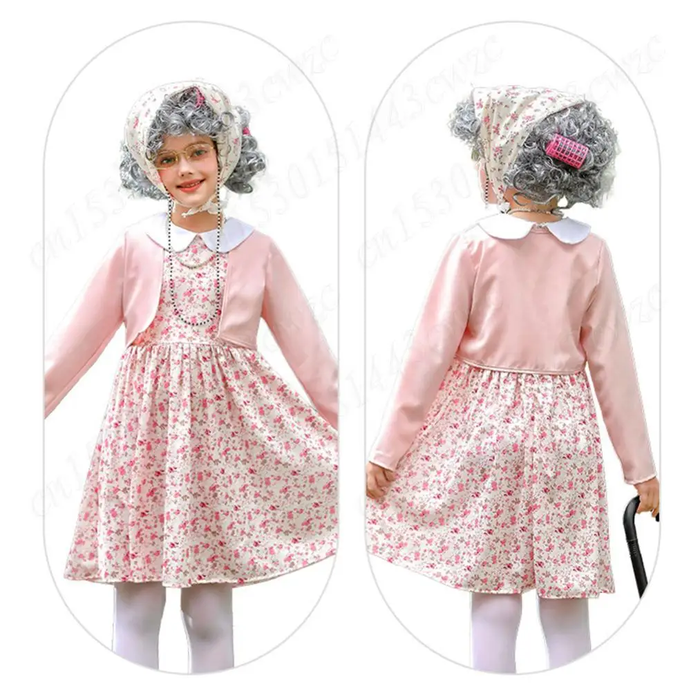 Robe de grand-mère pour filles, ensemble de Cosplay de 100 jours d'école, Costume de 100 jours d'école avec canne à perruque et autres accessoires pour filles