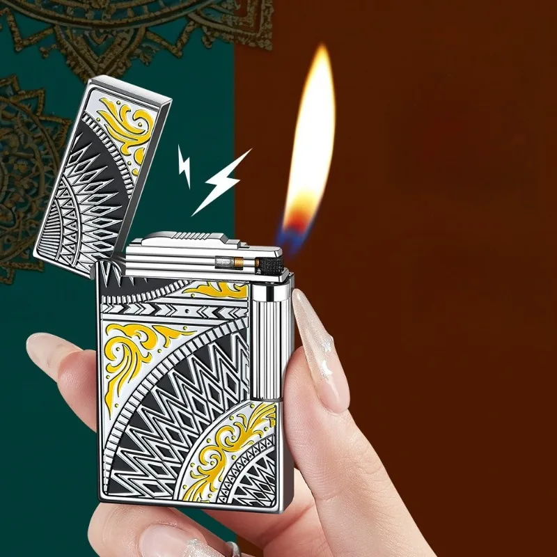 2026 Color Paint Mandala Tang Grass Loud Voice Lighter Classic Side Pulley Ignition Metal Butane Gas Lighters Smoking (No Gas)