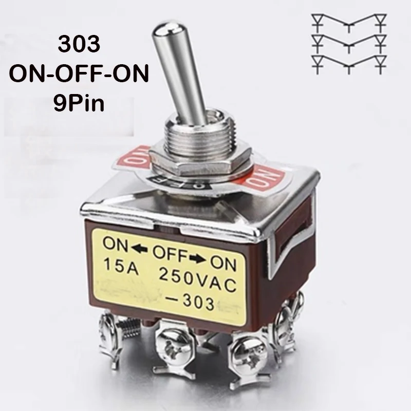 High Quality ON/OFF/ON 3 Positions 9 Screws Self-lock Toggle Switch 3PDT 15A 250V