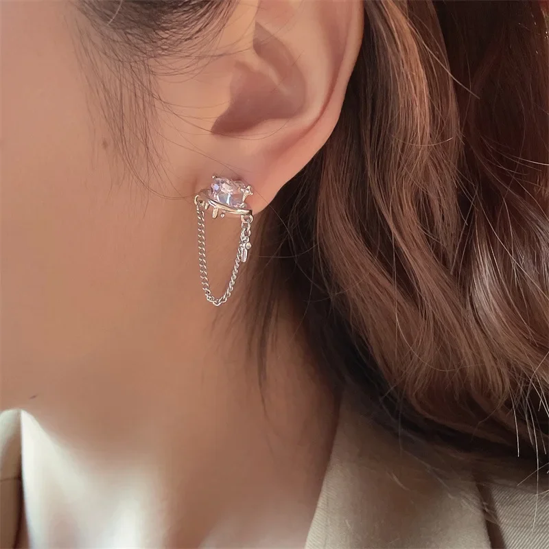 Korean Fashion Style Link Chain Clip Earrings Exquisite Pink Zircon Heart Clip on Earrings No Piercing for Women Lady Party