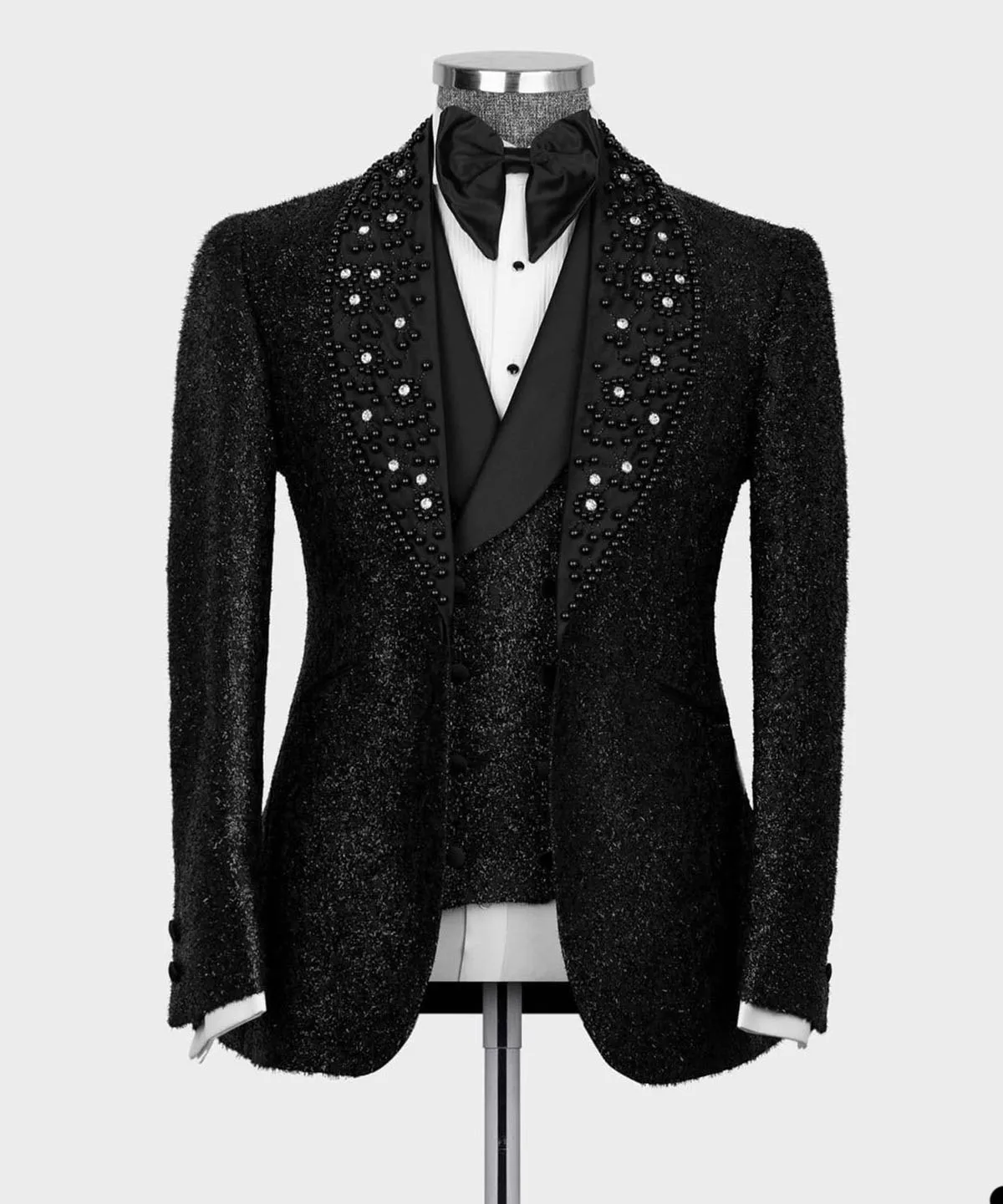 3 pezzi abiti da uomo neri di lusso con perline di cristallo per smoking da sposa paillettes scintillanti sposo Prom (Blazer + Pant + Vest) su misura