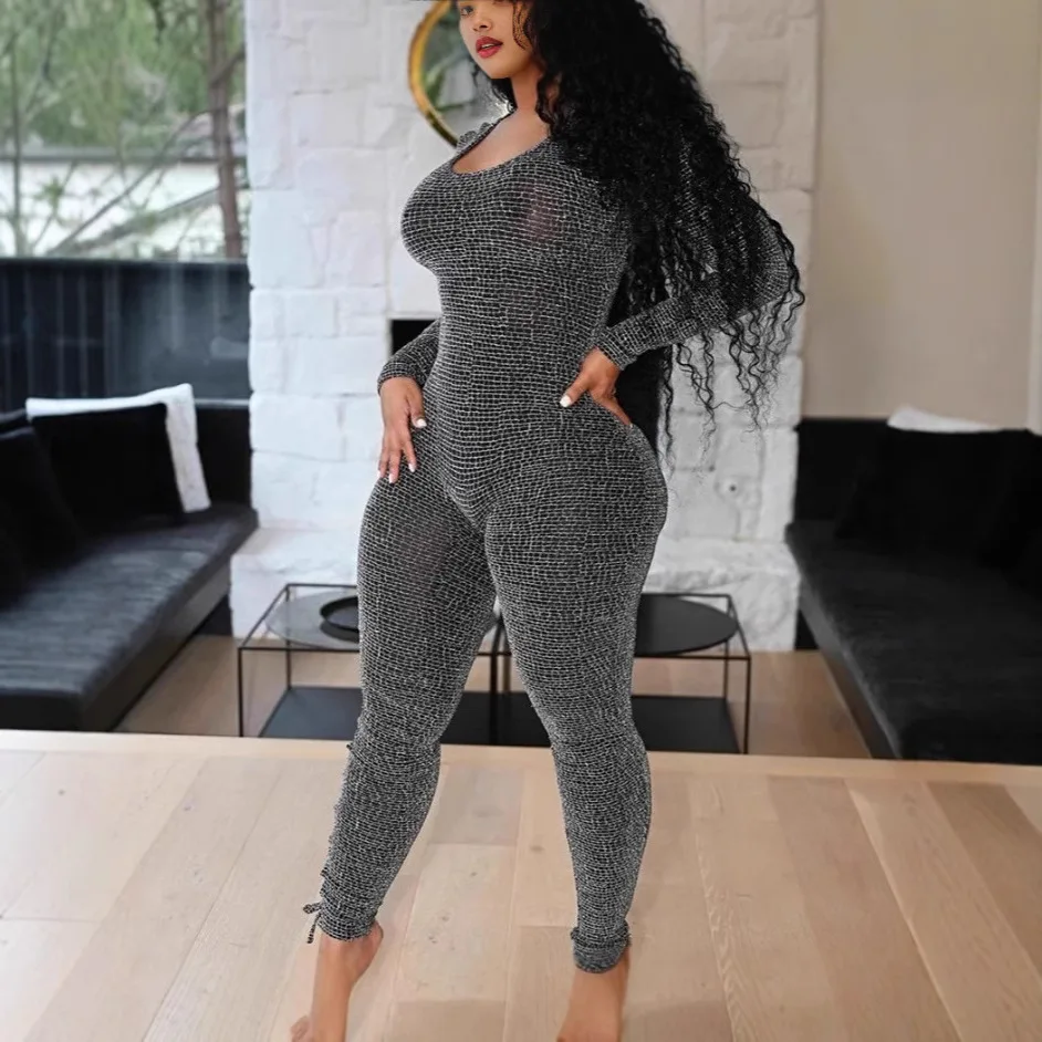 

2025 Spring/Summer Fashion Women's High Street Autumn Fashion Casual Sexy Hollow Lace-Up Long Sleeve Jumpsuit