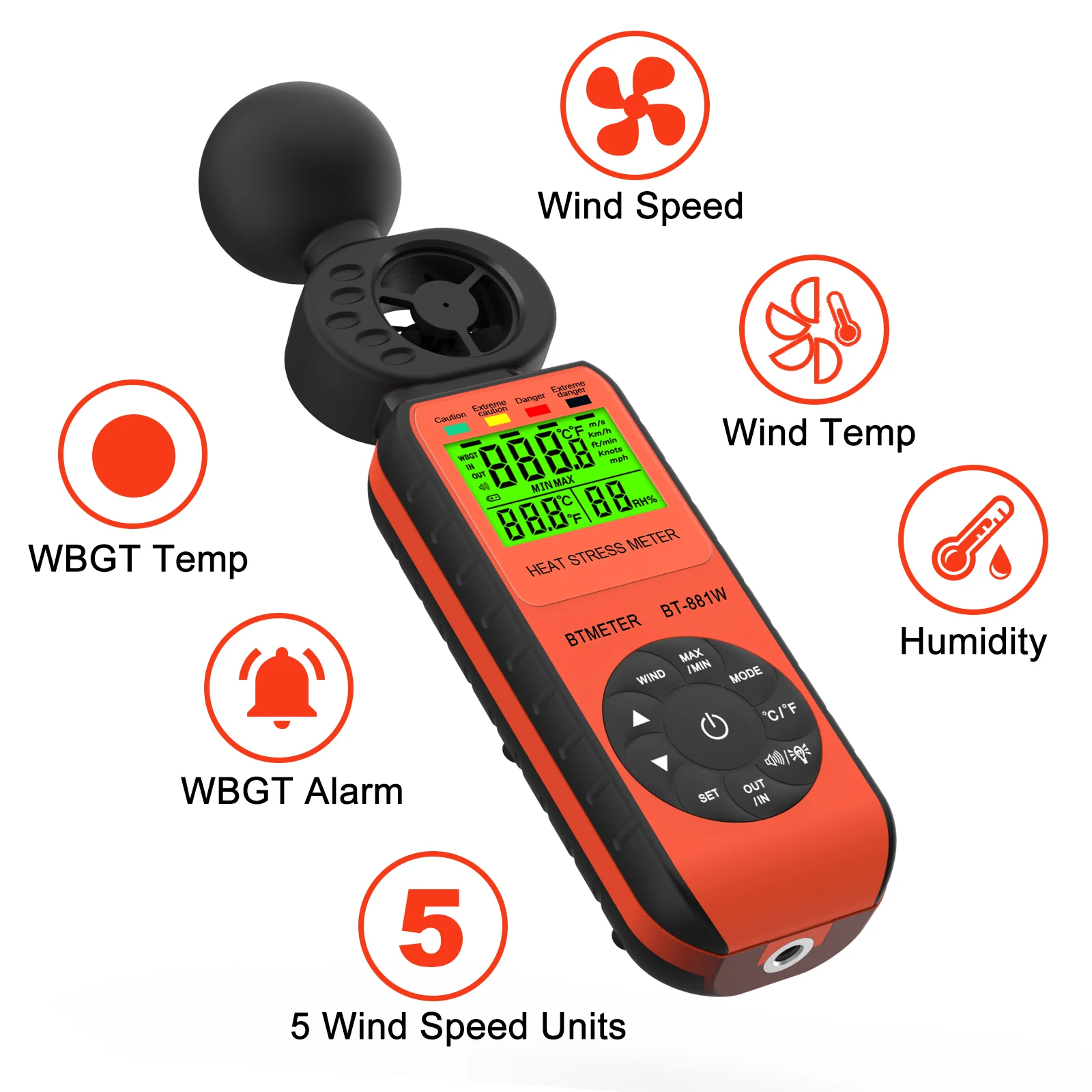 BT-881W Heat Stress Monitor, 3-in-1: Wet Bulb Globe Thermometer, Anemometer, WBGT Alarm. Measures wind, humidity, temp (℃/℉).