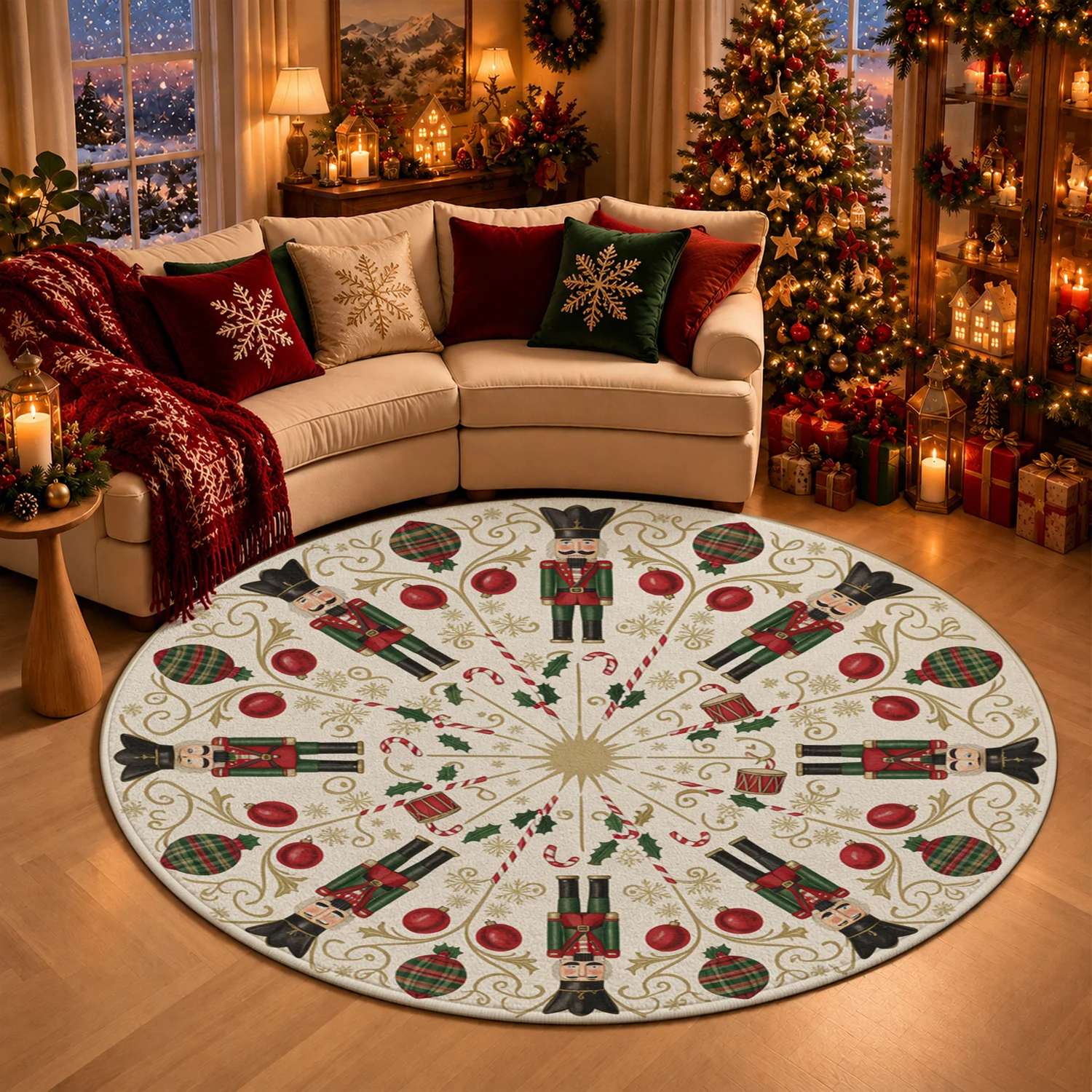 Round Nutcracker Christmas Ornament Pattern Velvet Round Area Rug Machine Washable for Living Room Dining Room Bedroom Halloween Thanksgiving Black Friday Cyber Monday Christmas New Year