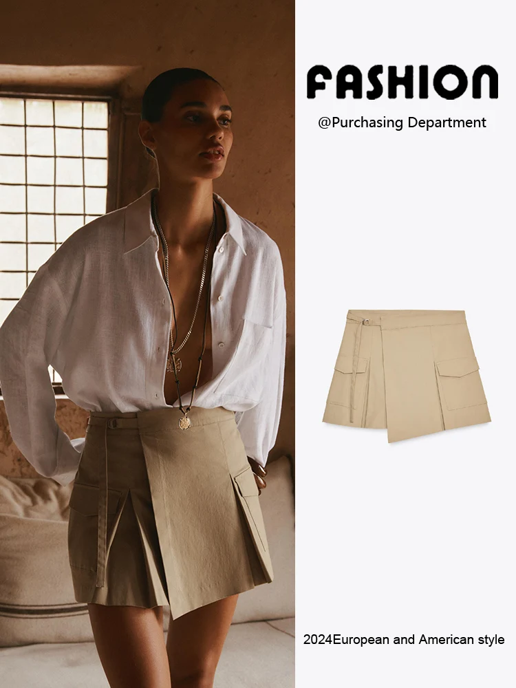 

New Summer Women's High Waist Workwear Sle Wide Pleat Decoration Skirt Pants Versatile Slimming Effect ZA2025 68952 743