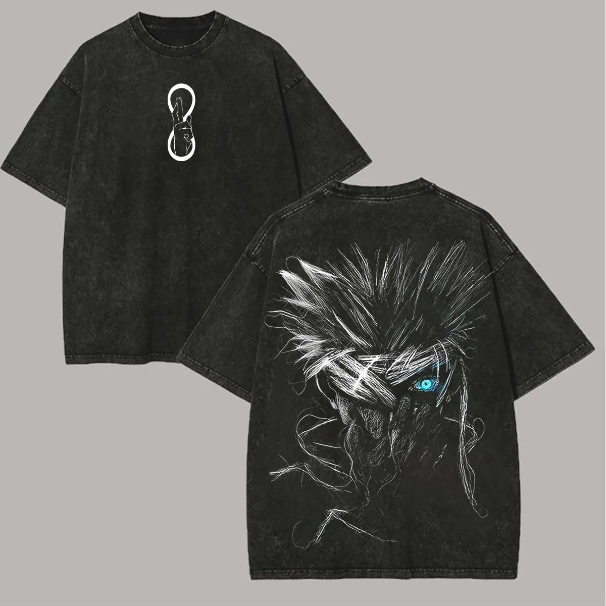 Jujutsu Kaisen Gojo Satoru T-Shirt mit Sechs-Augen-Grafik für Herren, Rücken-Print, Acid Wash, Oversized Streetwear, Anime Baumwoll-Oberteil