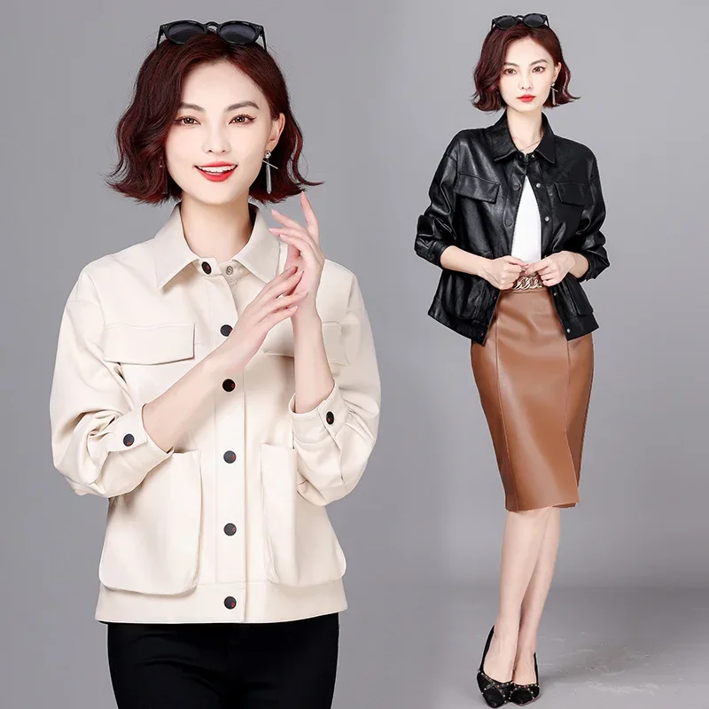 Autumn Winter Womens Leather Jacket 2023 Short Lapel Leather Jackets for Women Fashion Korean Loose Coat Single Breasted Jaqueta