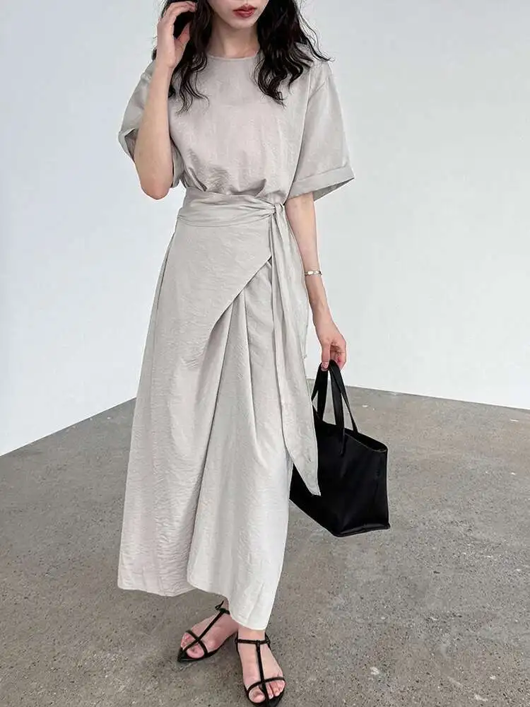 

Women Navy Blue Cross Bandage Big Size Elegant Midi Dress New Round Neck Short Sleeve Fashion Spring Summer