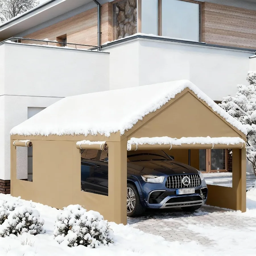 10X20 Ft Heavy Duty Carport For Outdoor Use With Khaki Polyester Fabric Roll-up Windows Removable Sidewalls And Doors All-Seaso