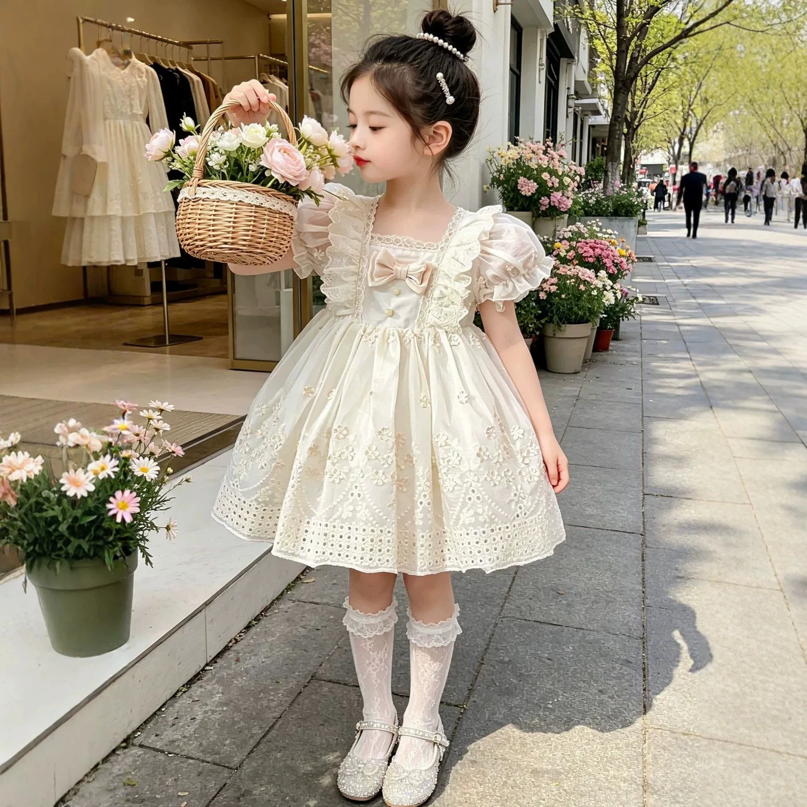 Girls' French Lolita Princess Dress, New Summer Style One-Year-Old Dress, White Cute Little Girl's Beautiful Short-Sleeved Dress