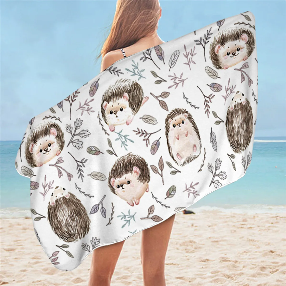 

Cute Hedgehog Beach Towel for Bathroom Autumn Leaf Microfiber Quick Dry Brown Cartoon Animal Blanket Home Decor for Women Kids