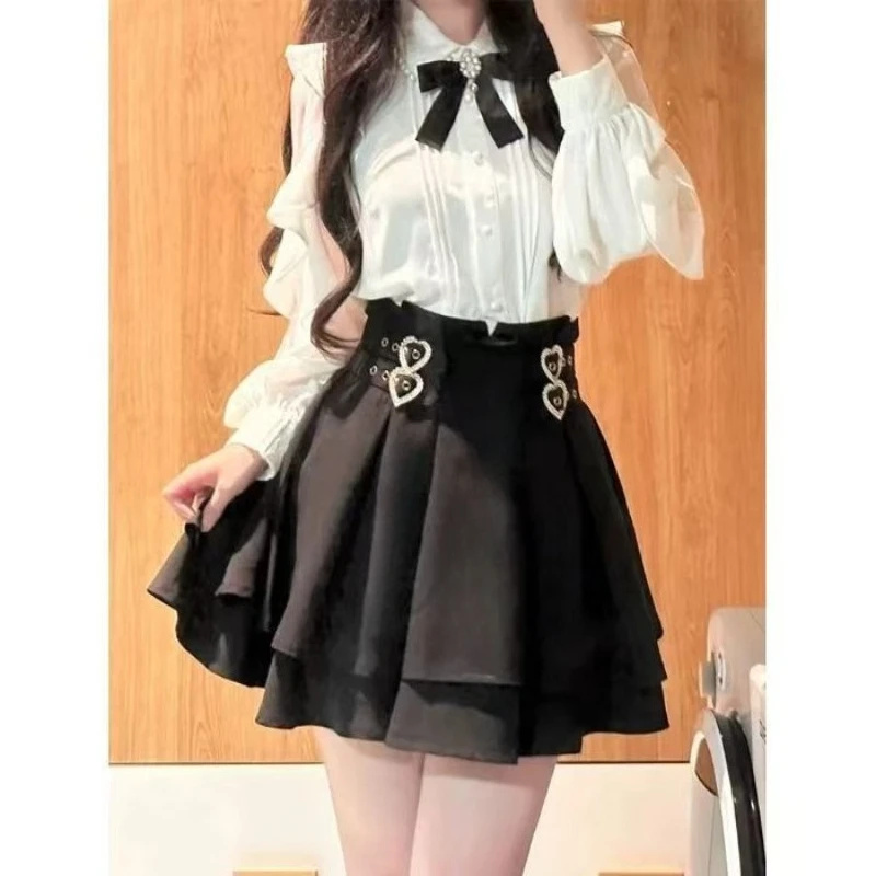 

Japanese Gothic Lolita Style 2 Piece Set Women Rhinestone Bow Ruffle Long Sleeve Pearl Button Shirts Y2k Mini Skirt Slim Outfits