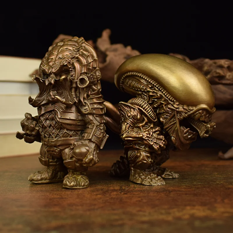 Brass Chibi Predator vs Alien Figurine - Unique Office Desk Ornament