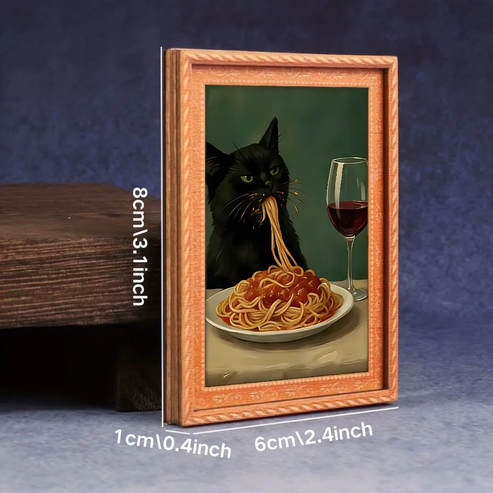1 Lazy Black Cat Refrigerator Magnet - Mini Wooden Frame Decorative Painting, Featuring a Black Cat Eating Pasta and Drinking Red Wine, Durable and Ideal for Home Kitchen Decoration, Also a Kitchen Accessory, with a Fun Design, Handmade, and Unique