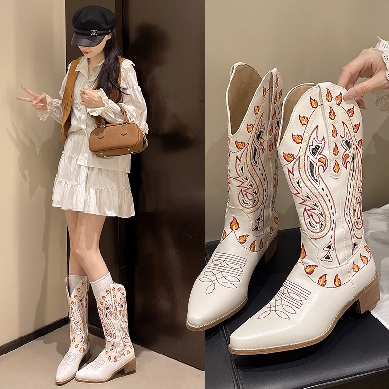 レディース-ウエスタン-カウボーイブーツ-2025年-秋冬新作-刺繍入りロングブーツ-レトロ-ロングレッグ-ナイトブーツ