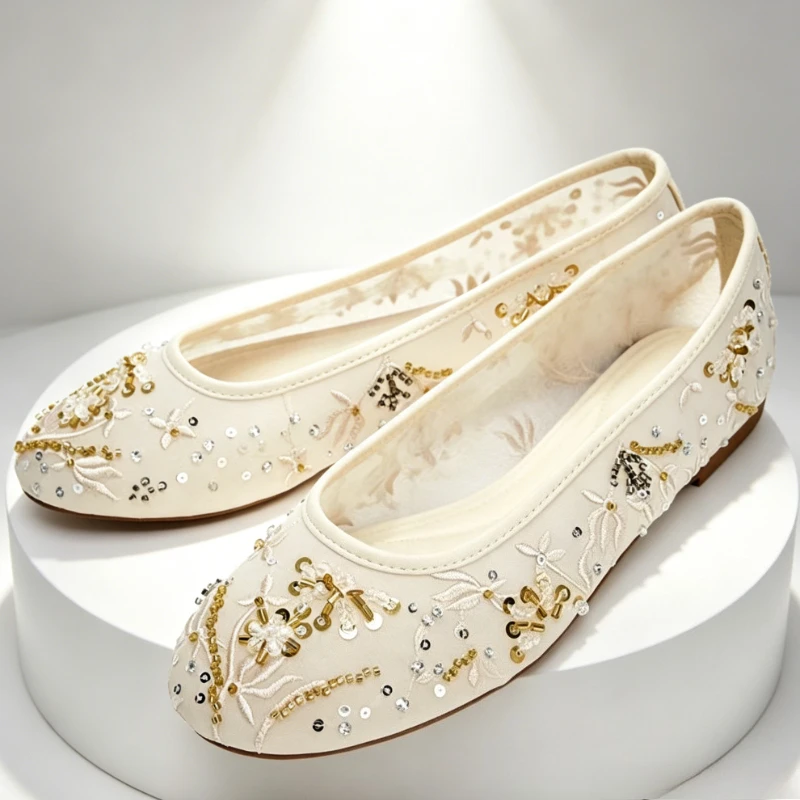 

Mesh Embroidered Bling Detail Ballet Flats Women High Quality Luxury Designer Loafers Summer Light Comfortable Shoes for Woman