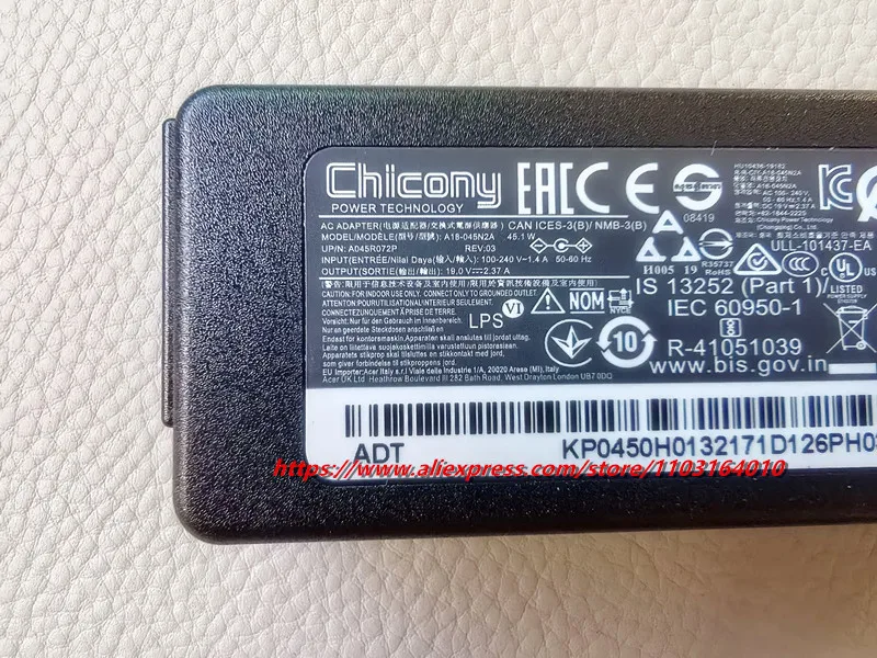 الأصلي 19 فولت 2.37A 45 واط شاحن الكمبيوتر المحمول لشركة أيسر أسباير 3 A315-58 N20C5 محول التيار المتردد لشركة أيسر Chromebook N15Q8 N15Q9 N15Q10 N16P1