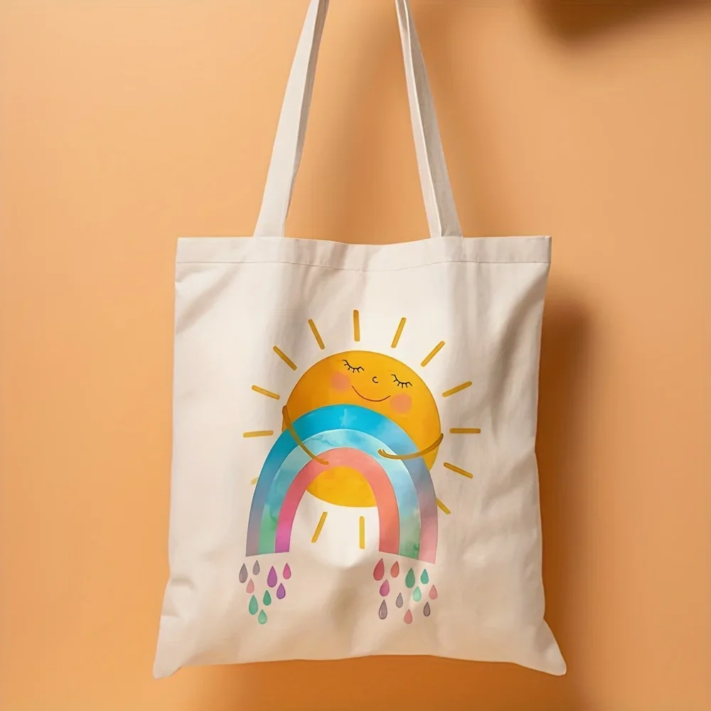 1pc, Rainbow Sun Canvas Tote Bag Reusable Grocery Bags (35.05cm x 40.13cm), Colorful Shoulder Bag for Daily Shopping, Grocery Ba