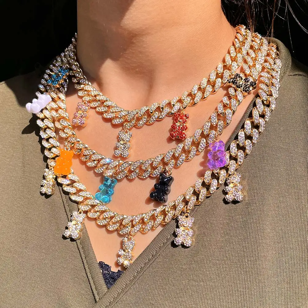 Ins Fashion Cute Colorful Crystal Acrylic Bear Pendant Cuban Necklace for Women Iced Out Cuban Link Chain Necklace Girl Jewelry