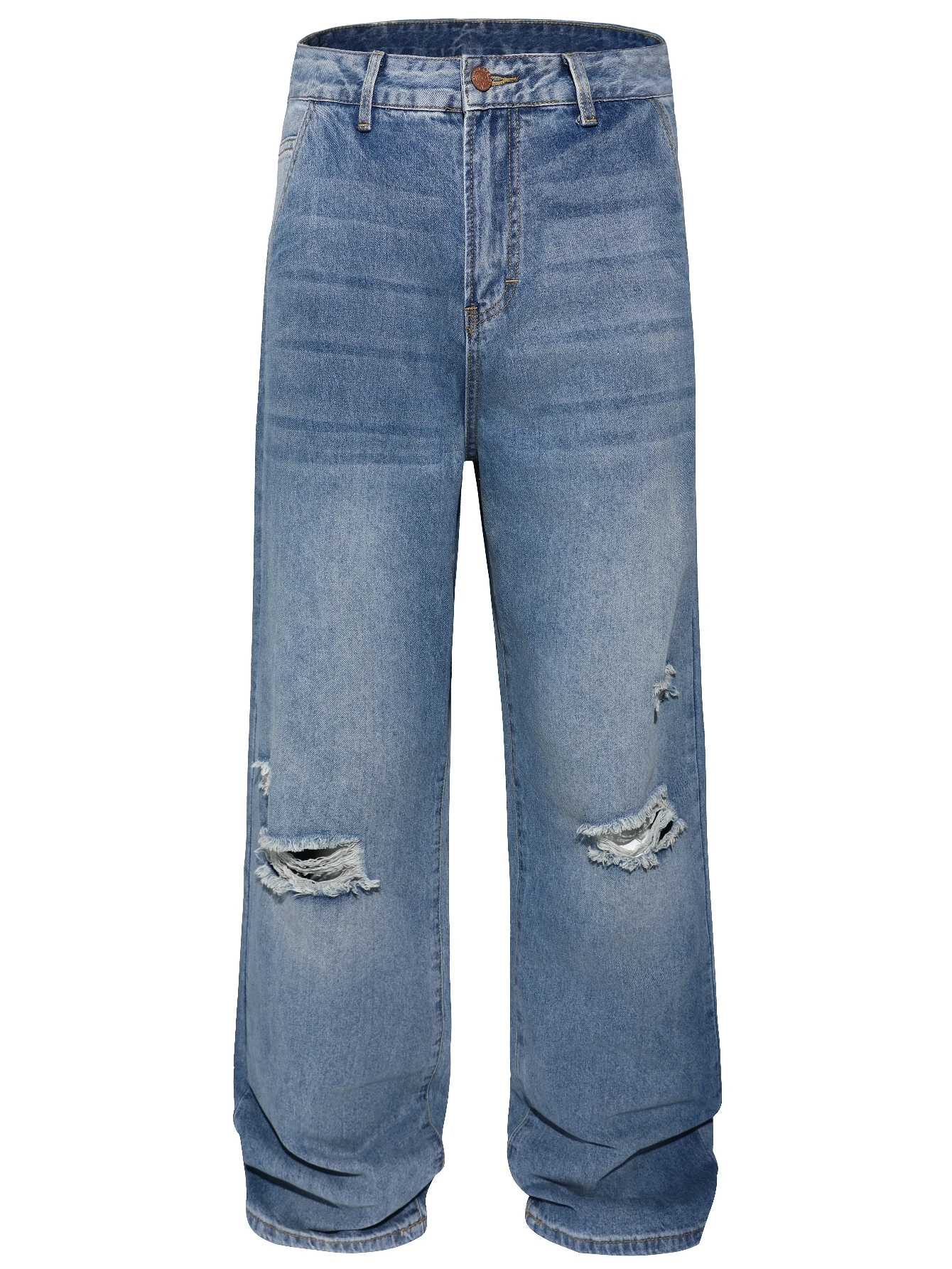 Men's Loose Straight Ripped Jeans Streetwear Denim Pants Casual Baggy Trousers 28-42 Blue Non-Stretch Cotton Vintage