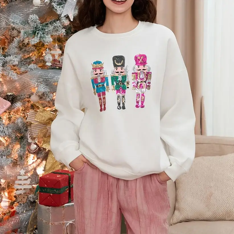 Chic Christmas Womens Sweatshirt Sequin Funny Nutcracker Sweatshirt Cute Crewneck Y2k Retro Vintage Pullover Top Winter Clothes