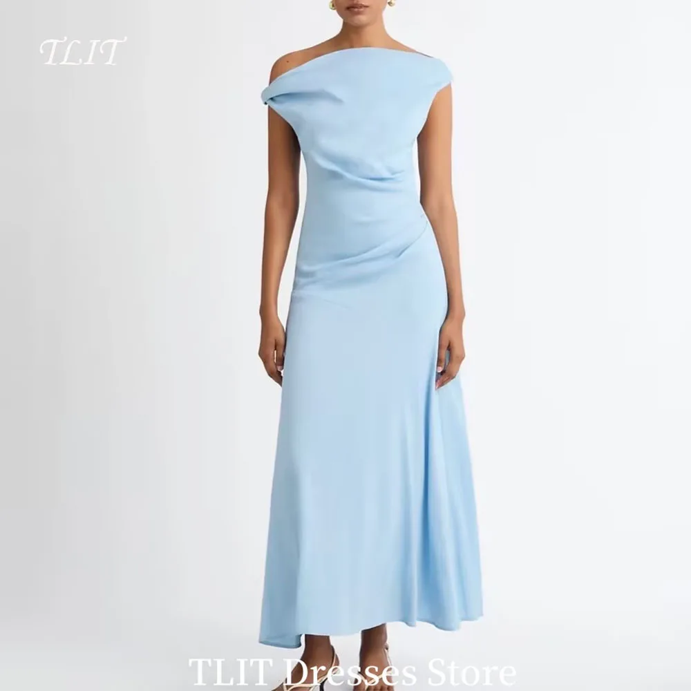 

TLIT Baby Blue Satin Evening Dresses vestidos de gala vestidos bonito para mujer Customized Sexy Boat Neck A-line Dress Party