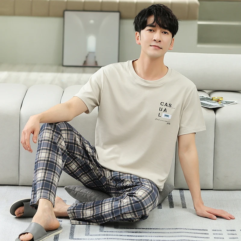 Men\'s Home Clothes Summer Striped Cotton Sleepwear Lounge Set Homewear Male Pajamas Set Trouser Home Suit Big Size Pijama Hombre