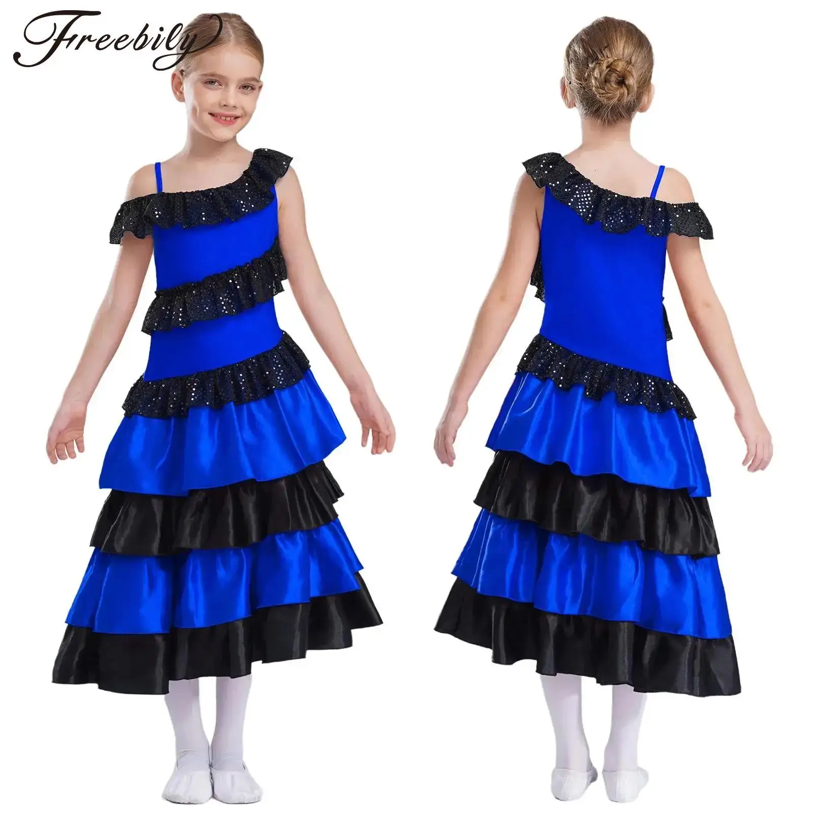 キッズガールズフラメンコ衣装スペインパソドブレ社交ラテンダンスドレスダンスウェアオフショルダーティアードフリルサテンドレス