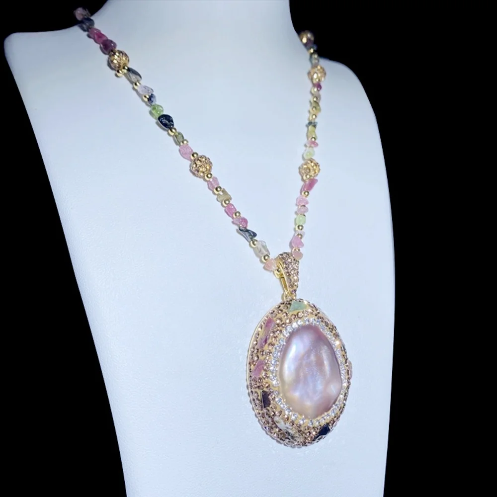 

Vintage Freshwater Pearl Rhinestone Raw Tourmaline Pendant Chain Necklace Golded Handmade Natural Crystal Strand Chain Women
