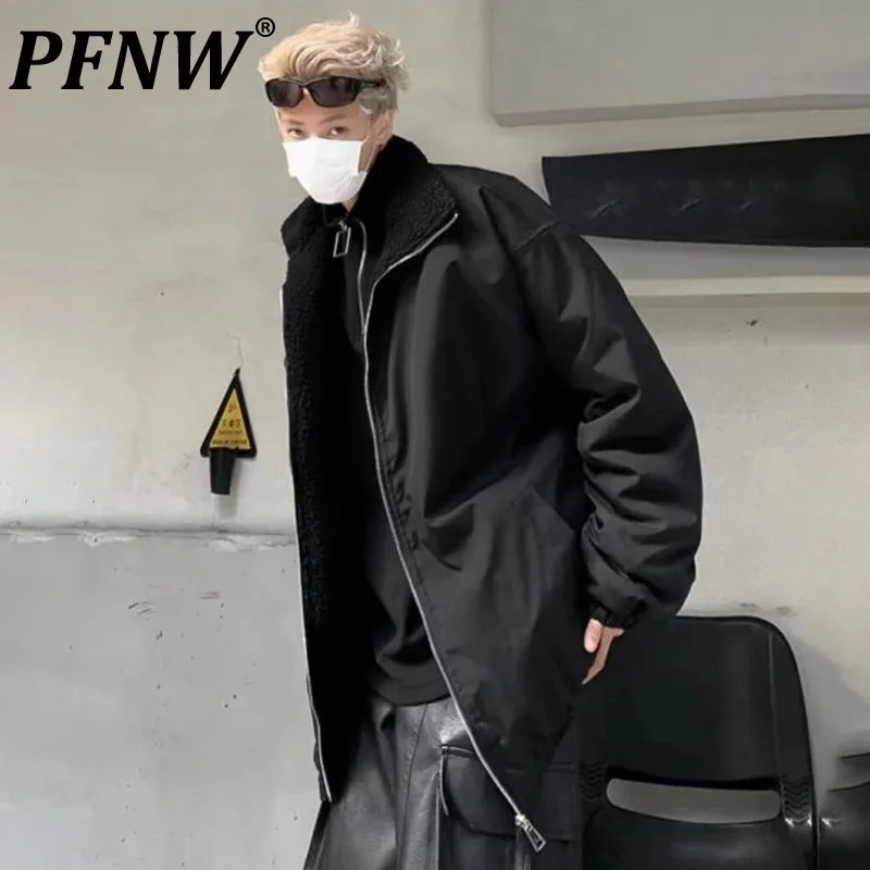 PFNW Flocking Design Padded Men's Lapel Solid Color Coats Korean Trendy Handsome Winter New 2024 Fashion Warm Tops 28W4986