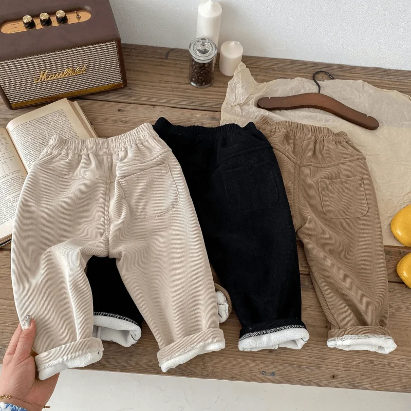 Baby Girl Boy Fleece Inside Pant Infant Toddler Child Middle Waist Corduroy Trouser Casual Solid Bottom Baby Clothes 12M-7Y