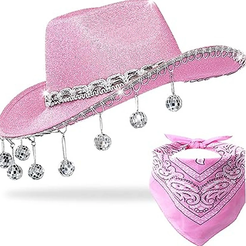 Women Disco Cowboy Hat Glitter Cowgirl Hat Rave Hat with Bandana for Bachelorette Bridal Wedding Party