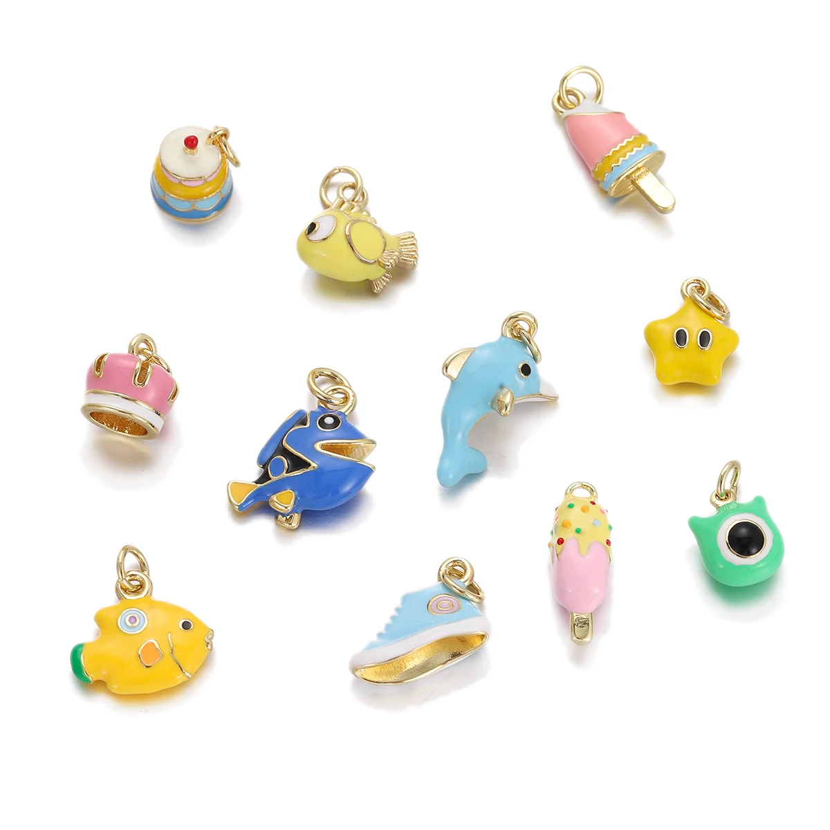 Kawaii Enamel Metal Charms Cartoon Fish Dolphin Ice Cream Cake Star Shoe Eye Shape Pendants DIY Jewelry Making Findings
