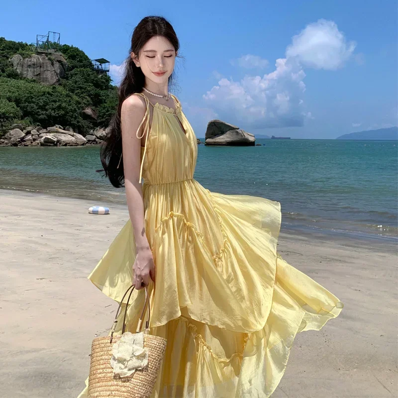 2024 New Long Elegant Lolita Holiday Dresses O-Neck Ladies Strappy Vacation Dress Summer Slim Graceful Women Yellow Sundress