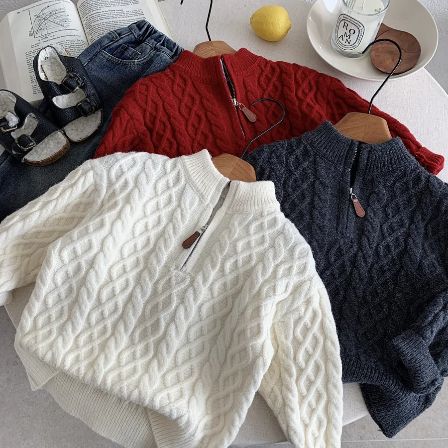 Boys' Casual Sweater Spring Autumn Winter New Children's Fried Dough Twists Half Zipper Access Casual Soft Pullover Sweater