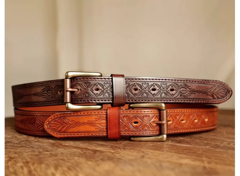 Herren-Jeansgürtel aus echtem Leder, lässig für jeden Tag, handgefertigt, 1,37 Zoll, geschnitzter amerikanischer Mode-Retro-Ledergürtel mit Geschenkbox – Detail 24